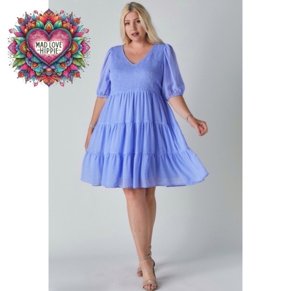 Davi & Dani Blue Polka Dot V Neck Short Sleeve Tiered Midi Dress